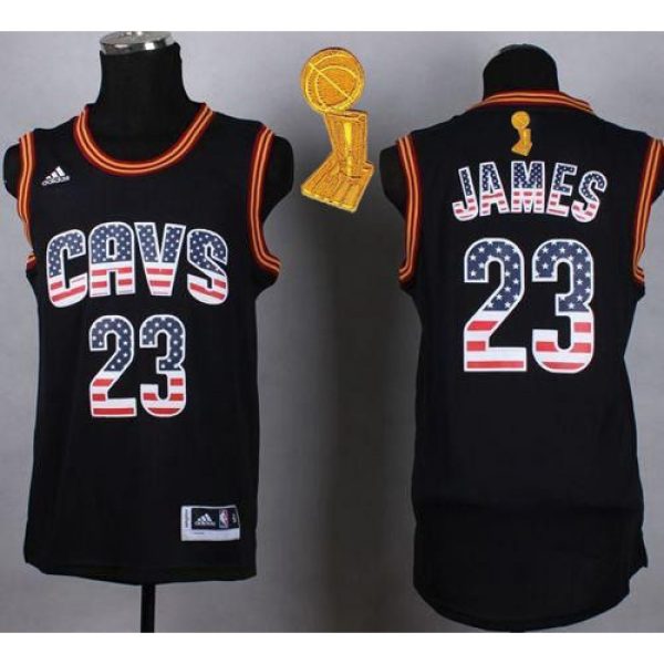 Cavaliers #23 LeBron James Black USA Flag Fashion The Champions Patch Stitched NBA Jersey
