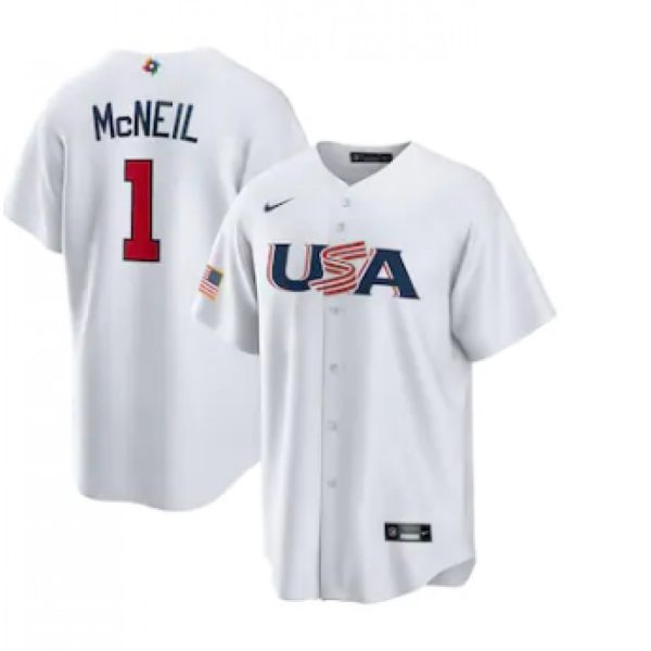 Men's USA Baseball #1 Jeff McNeil 2023 White World Baseball Classic Stitched Jersey